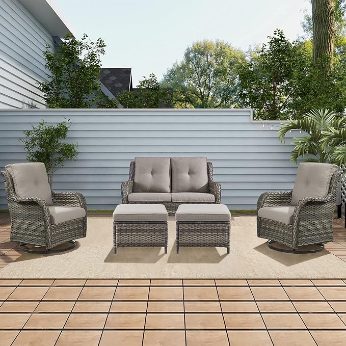 Rilyson Wicker Patio Furniture Set - 5 Piece Rattan Outdoor Sectional Conversation Sets with 2 Rocking Swivel Chairs,2 Ottomans and 1 Loveseat for Porch Deck Garden(Mixed Grey/Grey)