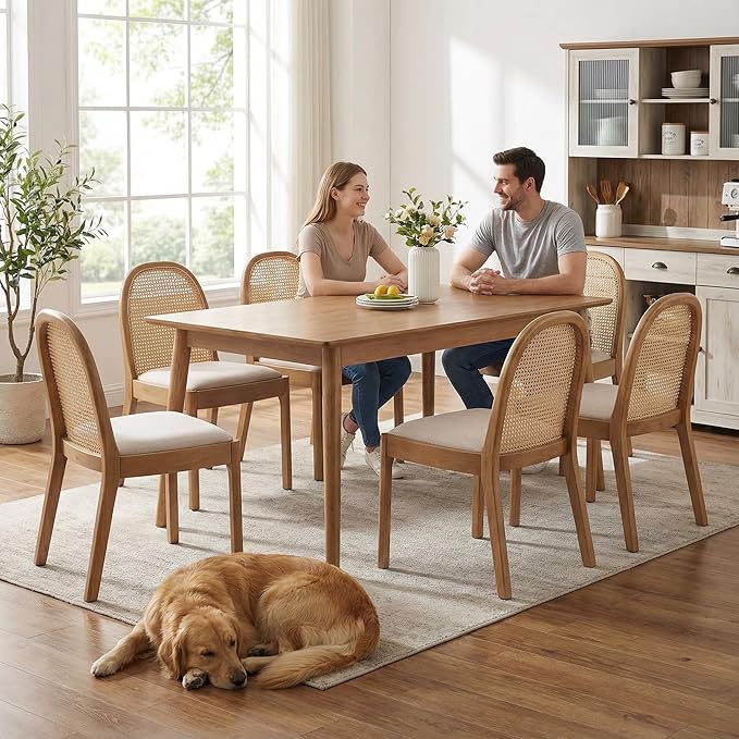 DUOMAY Mid-Century Modern Rattan Dining Chairs Set of 6, Wooden Dining Room Chair with Cane Backrest and Padded Seat, Linen Upholstered Dining Chair, Natural Finish, Beige