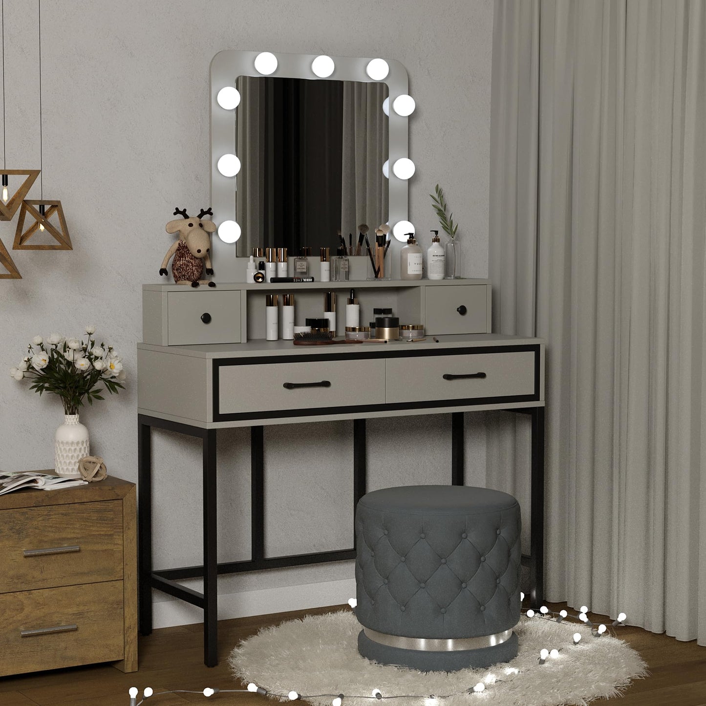 RoyalCraft Vanity Desk with Mirror and Lights, Makeup Vanity with 3 Color Dimmable Lighted Hollywood Mirror, White Makeup Table with 4 Drawers, Large Dressing Table for Women Girls