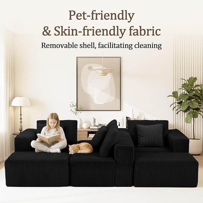 SEENYOO 132" U Shaped Modular Sofa, 4-Seater Sectional Cloud Couch with Chaise, Soft Corduroy Boneless for Living Room, No Assembly Required, Free Configuration, Black