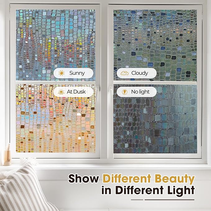 Windimiley Rainbow Window Privacy Film, 3D Stained Glass Christmas Decorative Window Clings, UV Heat Blocking Holographic Prism Stickers for Home (35.4 x 78.7In,Brown)