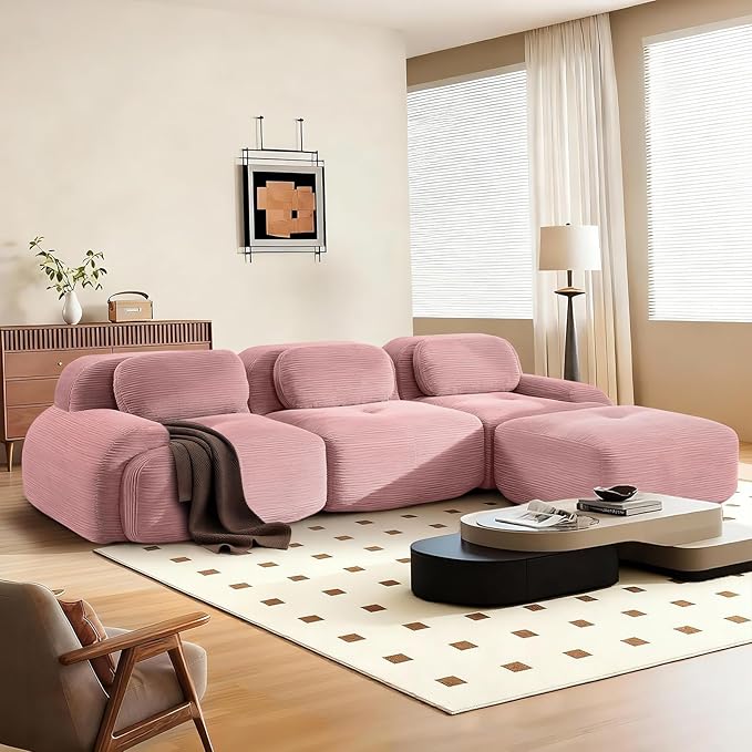 SoarFlash 117" Modern L-Shaped Modular Sectional Sofa for Living Room, Corduroy Upholstery Oversized 3-Seater Couch with Deep Seat and Movable Ottoman-No Assembly, Pink