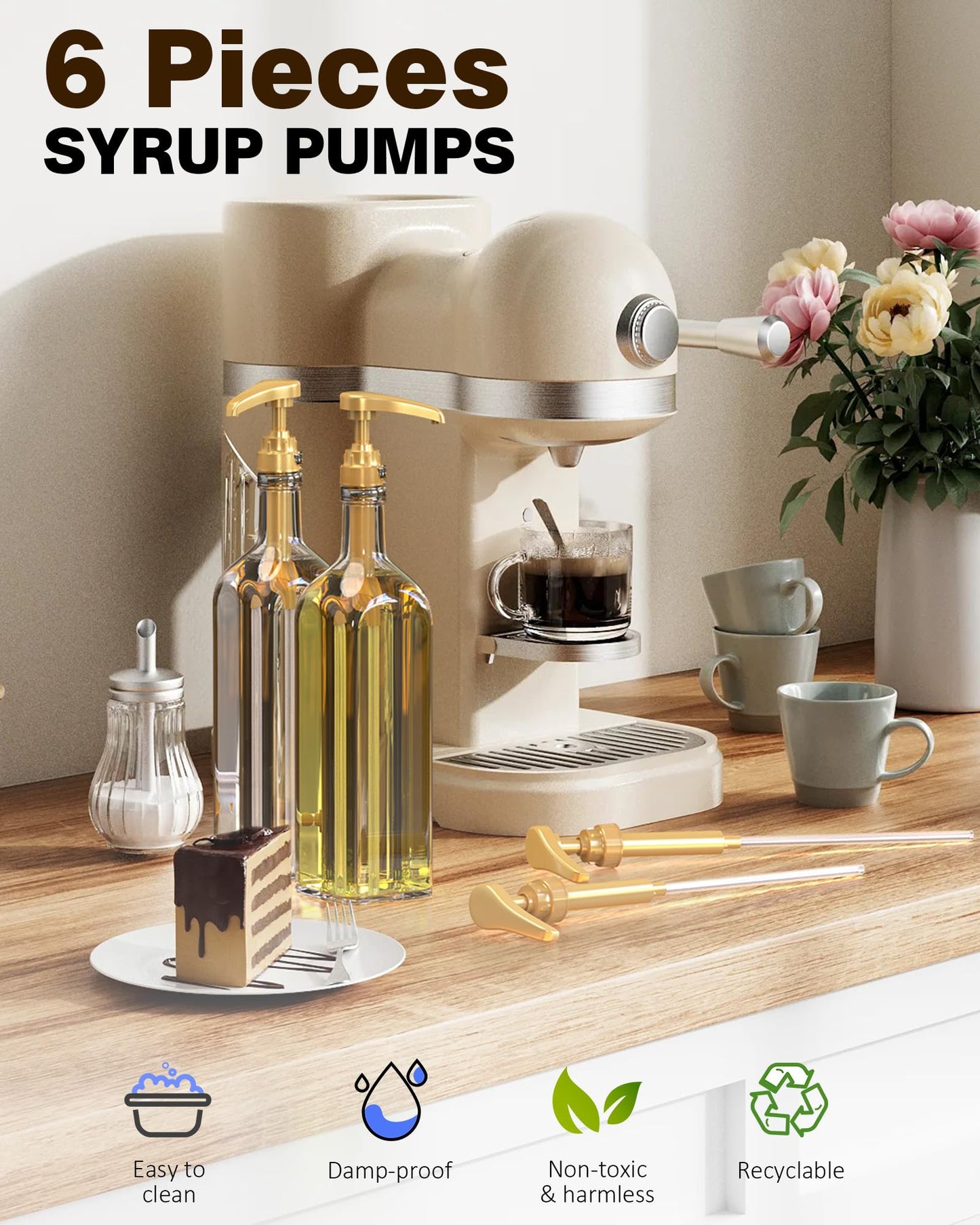 6 Pcs Coffee Syrup Pumps, Syrup Pump Dispenser for 750ml / 25.4oz Davinci and Skinny Syrup Bottles (Gold), Syrup Pump Dispenser for Kitchen Dining Coffee Bar