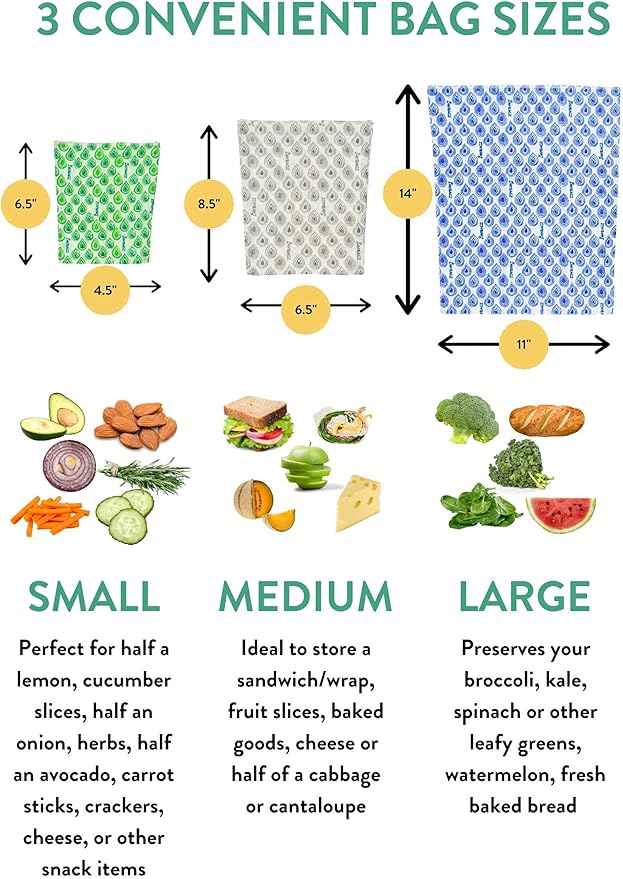 BeeBAGZ - Beeswax Wrap Storage Bag, Reusable Food Storage Bags, Pack of 3, Plastic Free Biodegradable Food Wrap Alternative, Starter Pack, 1 Small + 1 Medium + 1 Large, (Blue)