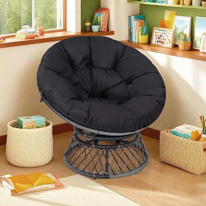 40" Ergonomic Wicker Papasan Chair, 360° Swivel Indoor Outdoor Rattan Chair with Soft Thick Cushion, Ideal for Living Room, Bedroom, Reading Room, Grey Frame with Black Cushion