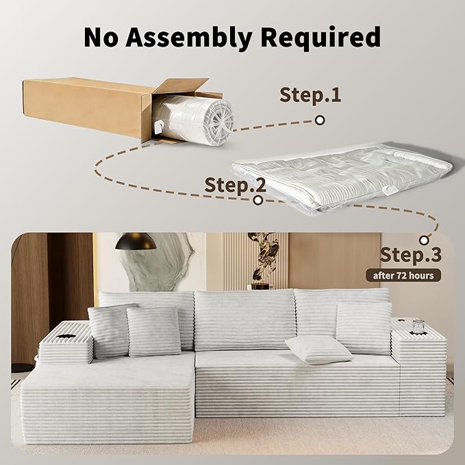 Cibert 104.3" Modular Sectional Sofa, Beige Boneless Couch Left Chaise L Shaped Couch with USB Ports, 2 Cup Holders, 2 Side Storage Bags & Lint Remover, No Assembly Sectional Couches for Living Room