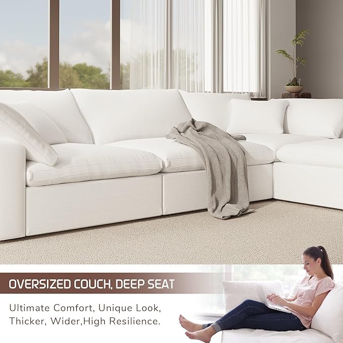 Intuition Decor Oversize Cloud Modular Sectional Sofa,110.8" L Shape 3 Seaters with Chaise Down Filled Comfort Sofa Detachable Couch Cushion Covers for Living Room,White