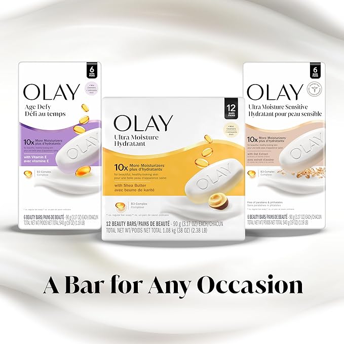 Olay Beauty Bar, Age Defying, 10x More Moisturizers, Smooth & Gentle on Skin, Vitamin E & Vitamin B3 Complex, For All Skin Types, Shea Butter Scent, 3.17 oz, (Pack of 4)
