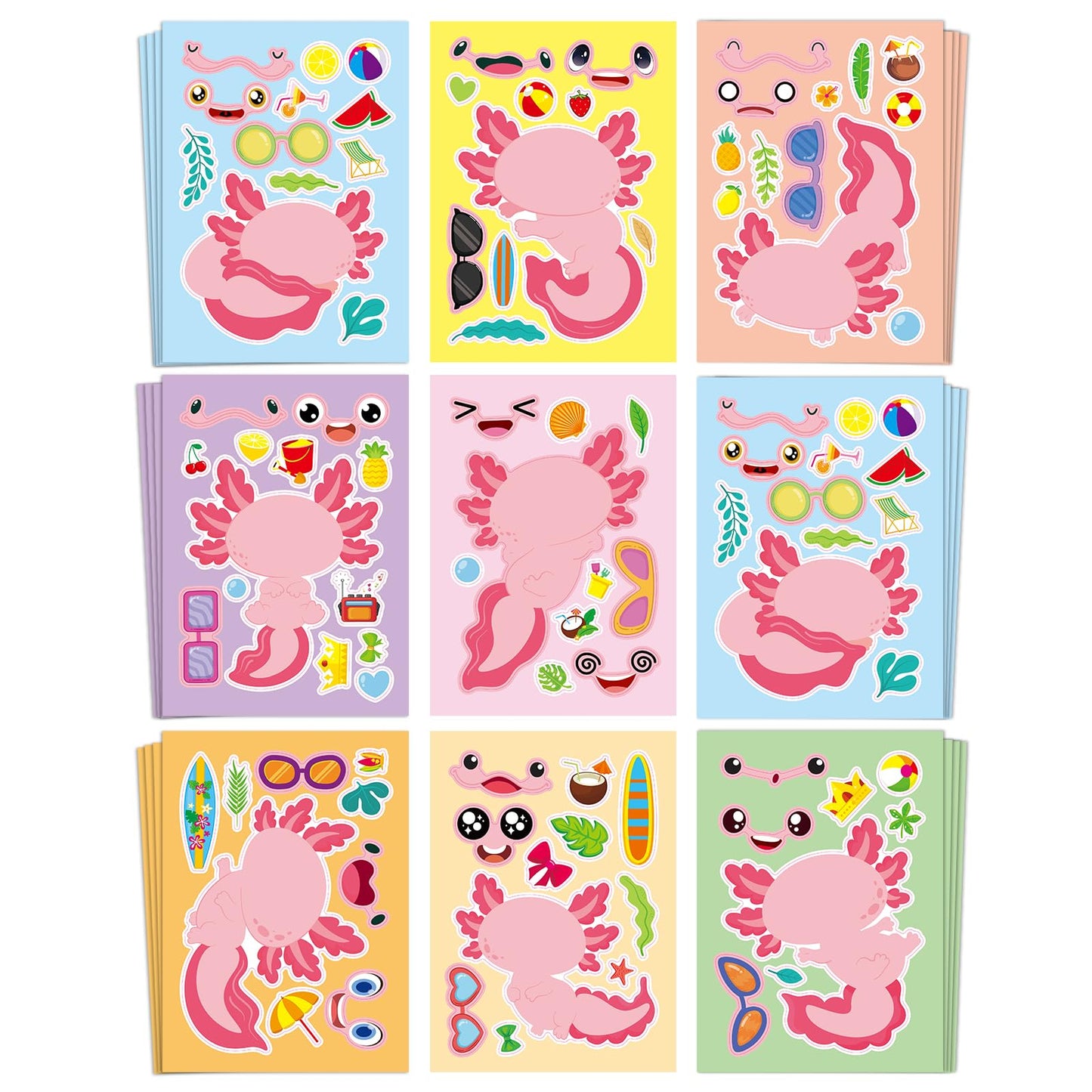Aowplc 32 Sheets Axolotl Make-a-Face Stickers Mix 'n Match Crafts for Kids Axolotl Party Favors & Activities