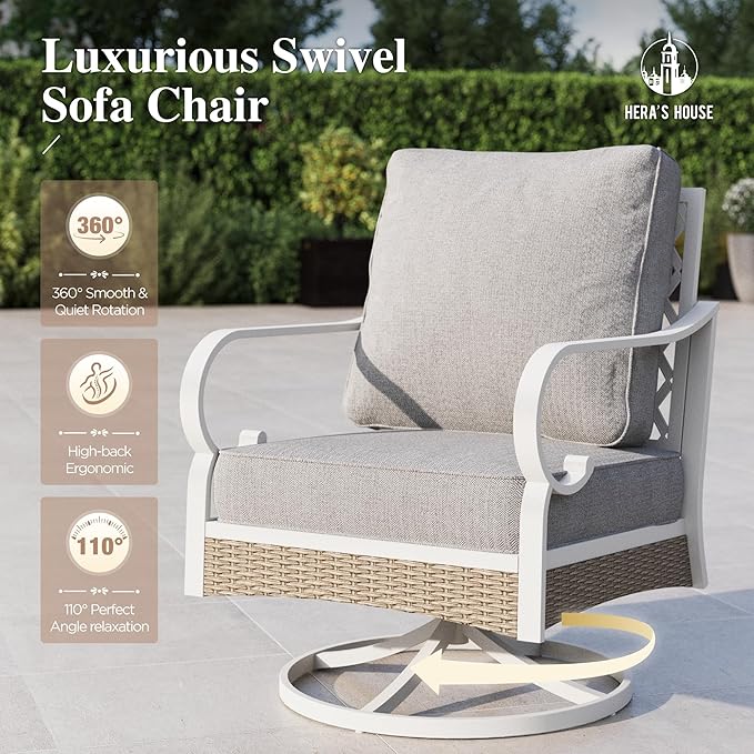 HERA'S HOUSE 4-Piece Patio Furniture Set with Metal & Rattan Design, Includes 2 Swivel, Chairs, 3-Seat Sofa & Marble Coffee Table, All-Weather Outdoor Conversation Set for Garden Backyard, Beige