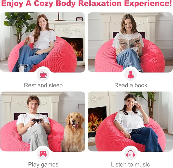 Homguava 3.5FT Bean Bag Chair: Teardrop Bean Bags with Memory Foam Filled, Compact Beanbag Chairs Soft Sofa with Corduroy Cover (Pink)