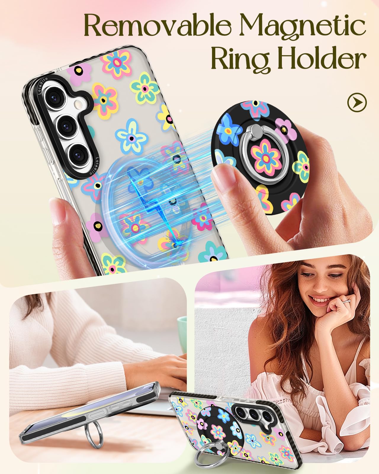 Lotadilo For Samsung Galaxy A15 5G Case For Women - Girls Cute Design Compatible With Magsafe Magnetic Ring Holder Stand Spring