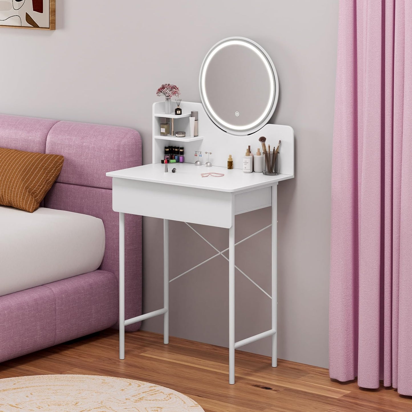OSKOPWRC Small Makeup Desk, White Makeup Table with LED Lighted Mirror, Dressing Table Drawer, Open Shelves, Adjustable Brightness, Elegant for Women Small White