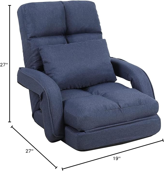 DeeLyan Indoor Floor Chair with Armrest and Pillow Folding Chaise Lounge Sofa 14-Position Adjustable Comfy Gaming Recliner Chair Padded Seats for Adults (Blue)