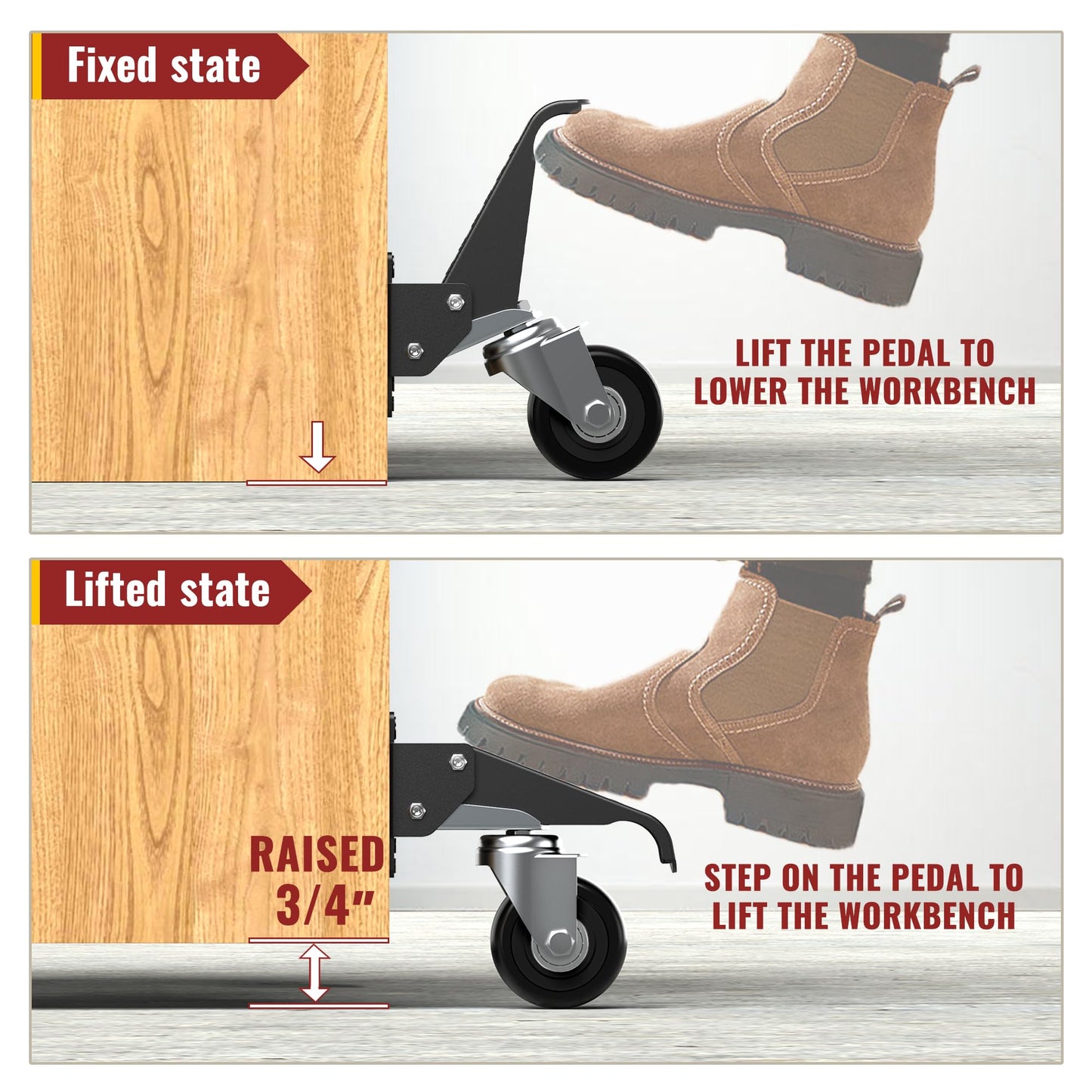 HOLKIE Retractable Casters Heavy Duty Casters with Lifting and Lowering Function Maximum Load of 700 lbs (4 casters) for Workbenches or Other Equipment