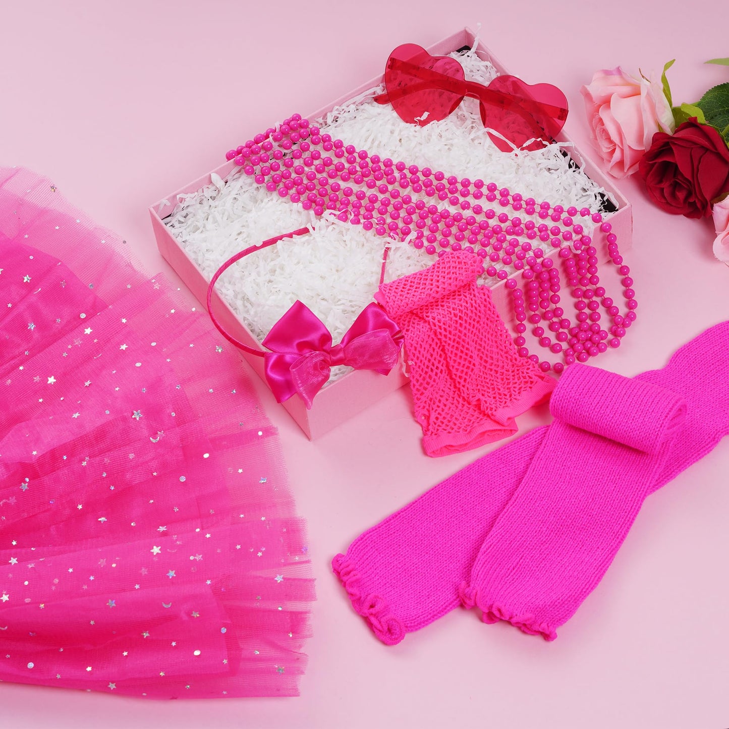Miayon 80s Costume Accessories 90s Neon Tutu Outfit 80s 90s Theme Neon Party Fancy Cosplay Outfit (Rose red)