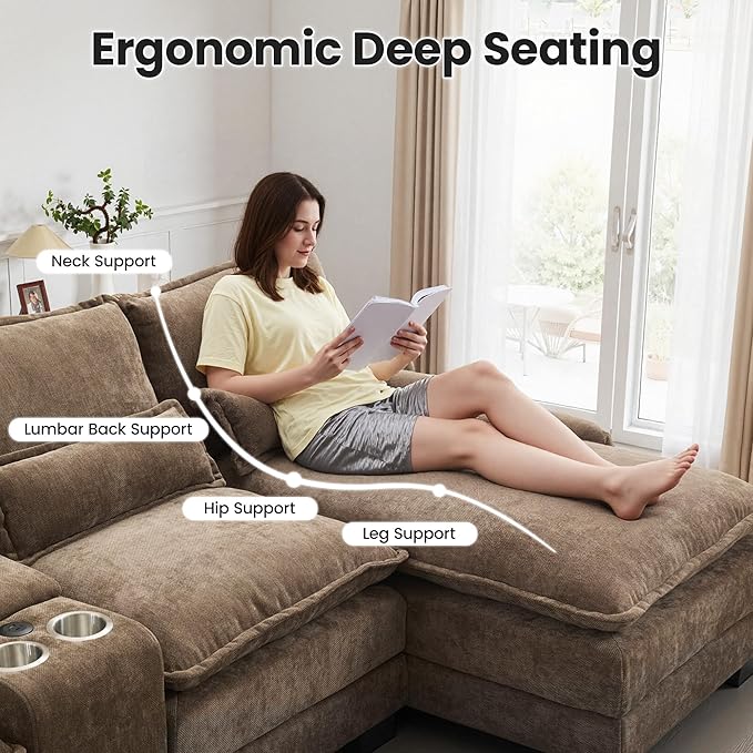 125" U Shaped Cloud Modular Sectional Couch for Living Room, Small Comfy Chenille Sofa with Double Chaise Lounge, Storage Central Console, Cup Holders, USB Port,Brown