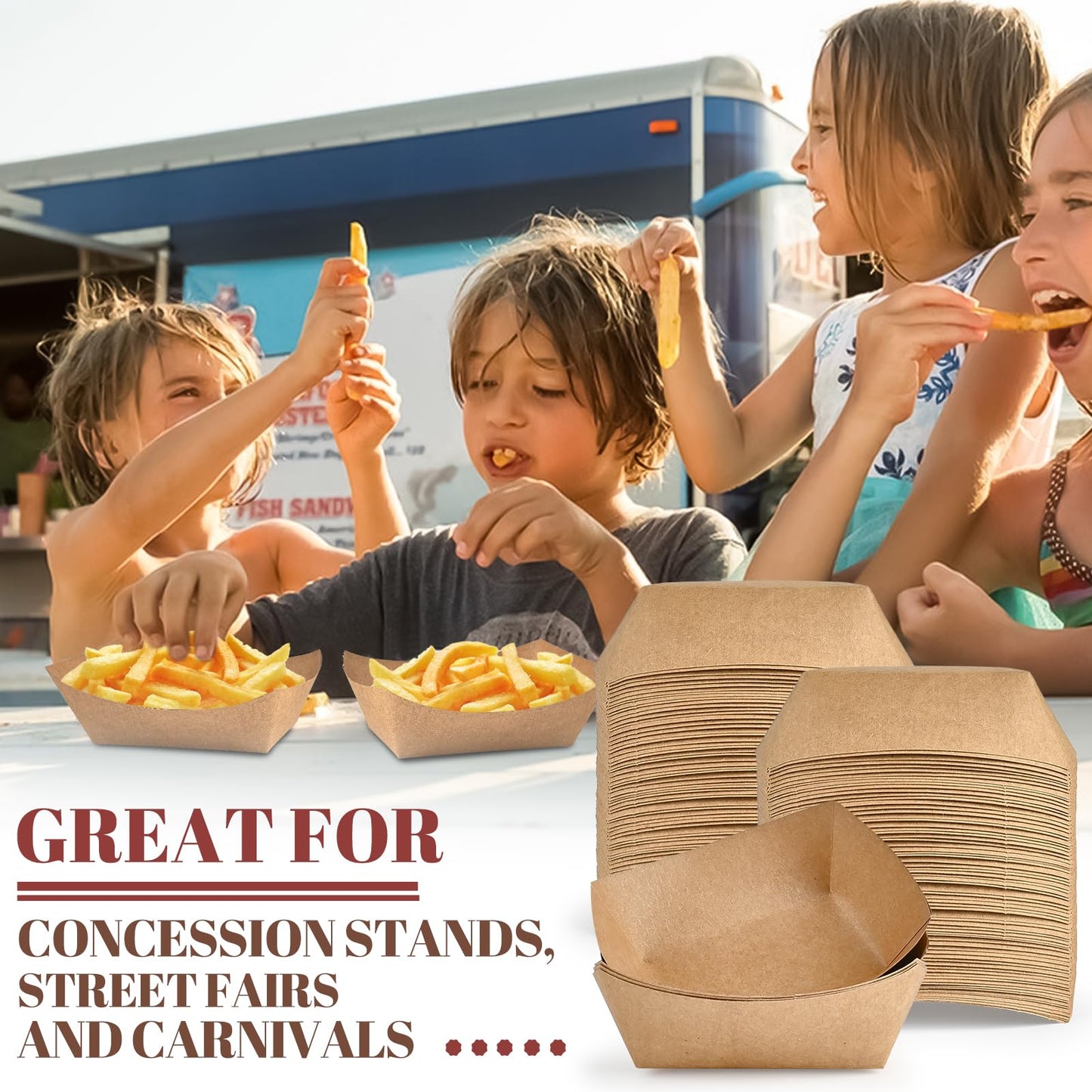Ocmoiy 1lb Paper Food Trays, 100 Pack Heavy Duty Kraft Food Boats Holders Disposable Serving Basket Trays for Nachos, Fries, BBQ, Festivals, Party