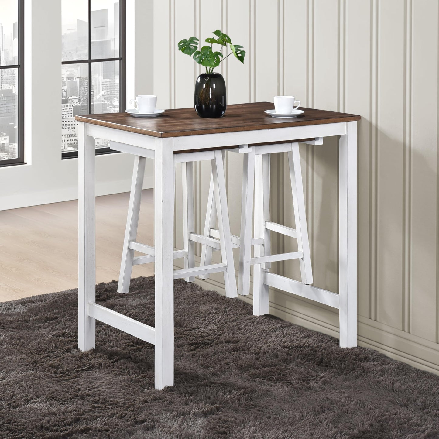 Fonkoir 3 Piece Bar Table Set, Counter Height Pub Table with 2 Saddle Bar Stools, Pub Dining Set Kitchen Table Set for 2, 42'' Wood Table & Chair Set for Bar Kitchen Office, Greyish Brown