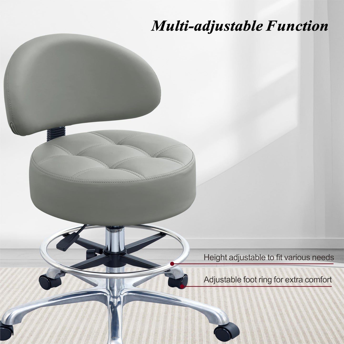 Height Adjustable Rolling Shop Stool with Back Support - Kitchen Stool with Wheels Heavy Duty for Salon, Spa, Massage, Tattoo, Esthetician - Extra Thick for Extreme Comfort