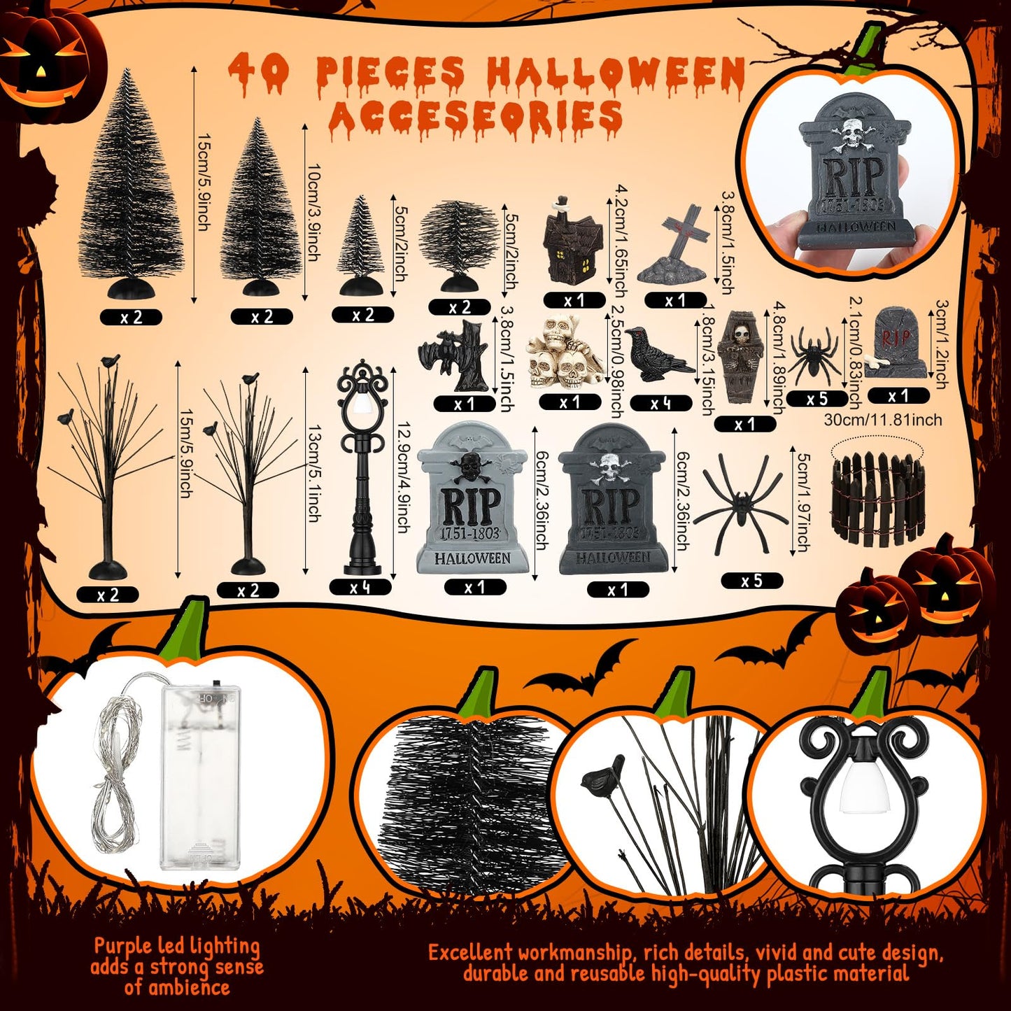 Zeyune 33 Pcs Halloween Village Accessories Set Miniature Halloween Figurines Bare Branches Bottle Brush Trees Tombstones Spiders Resin Horror Village Collections for Town Decorations
