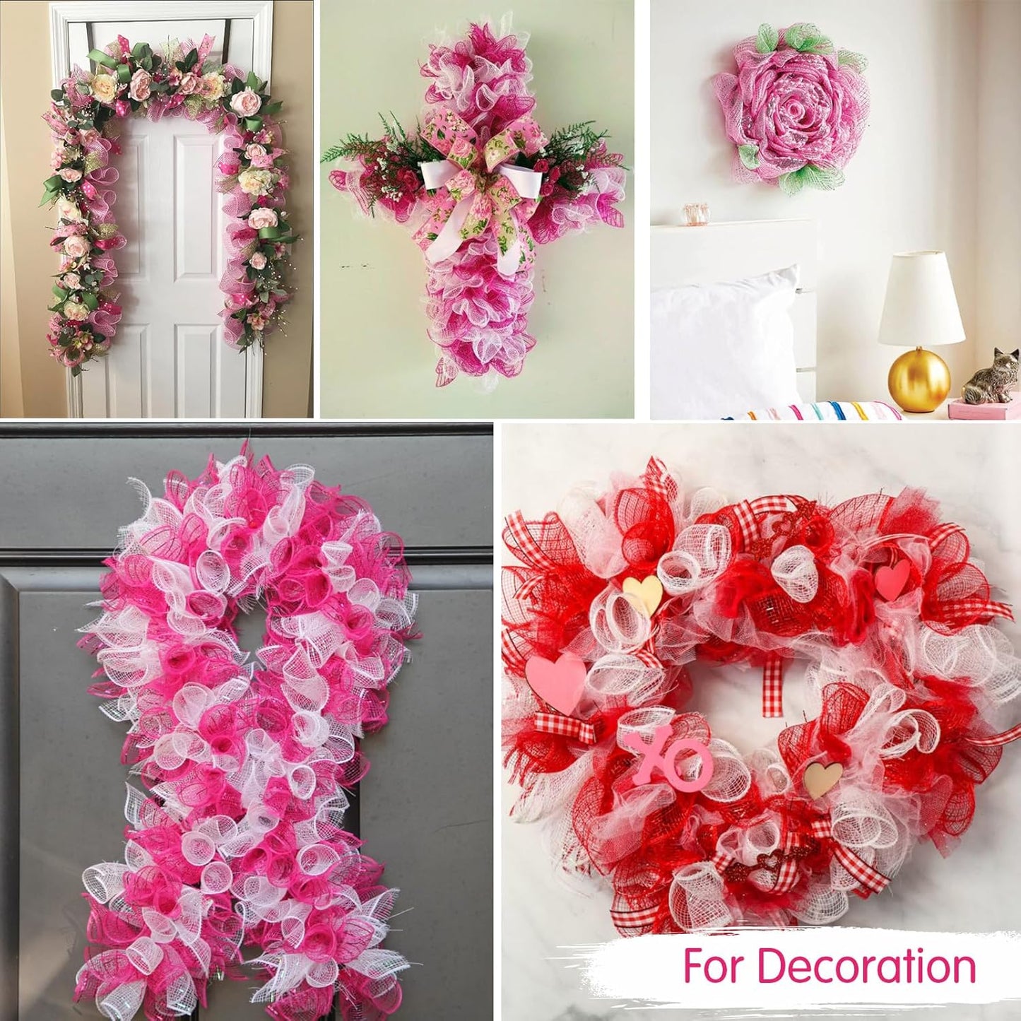 TONIFUL 2 Rolls 10 Inch Pink Decorative Mesh Ribbbon Rolls, Fabric Mesh with Foil for Wreath Supplies, Front Door Wreath Crafts Tree Decor Christmas NewYears Halloween Decoration (10 yds/roll)