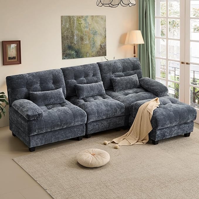 GRAINLLE 93'' Modular Sectional Cloud Couch with 1 Ottoman,Deep Seat Sleeper Sofa L Shaped Sectional Couch,Convertible Upholstered Comfy Chenille Sectional Sofa for Living Room,Bedroom(Blue)