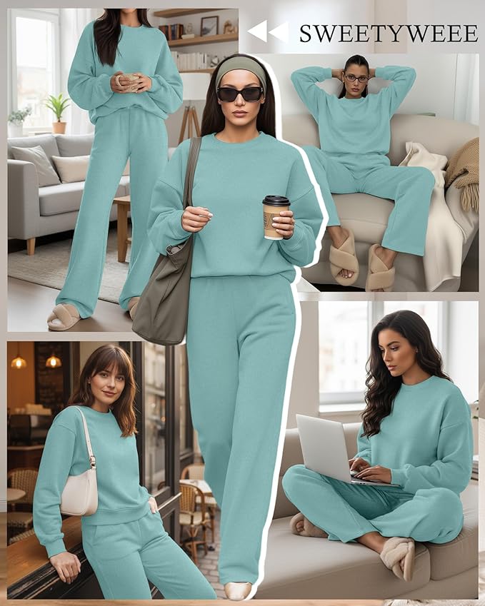 Sweetyweee Women's 2 Piece Outfits Set Fleece Lined Lounge Sweatsuit Crewneck Pullover Top Wide Leg Pants Casual Tracksuit
