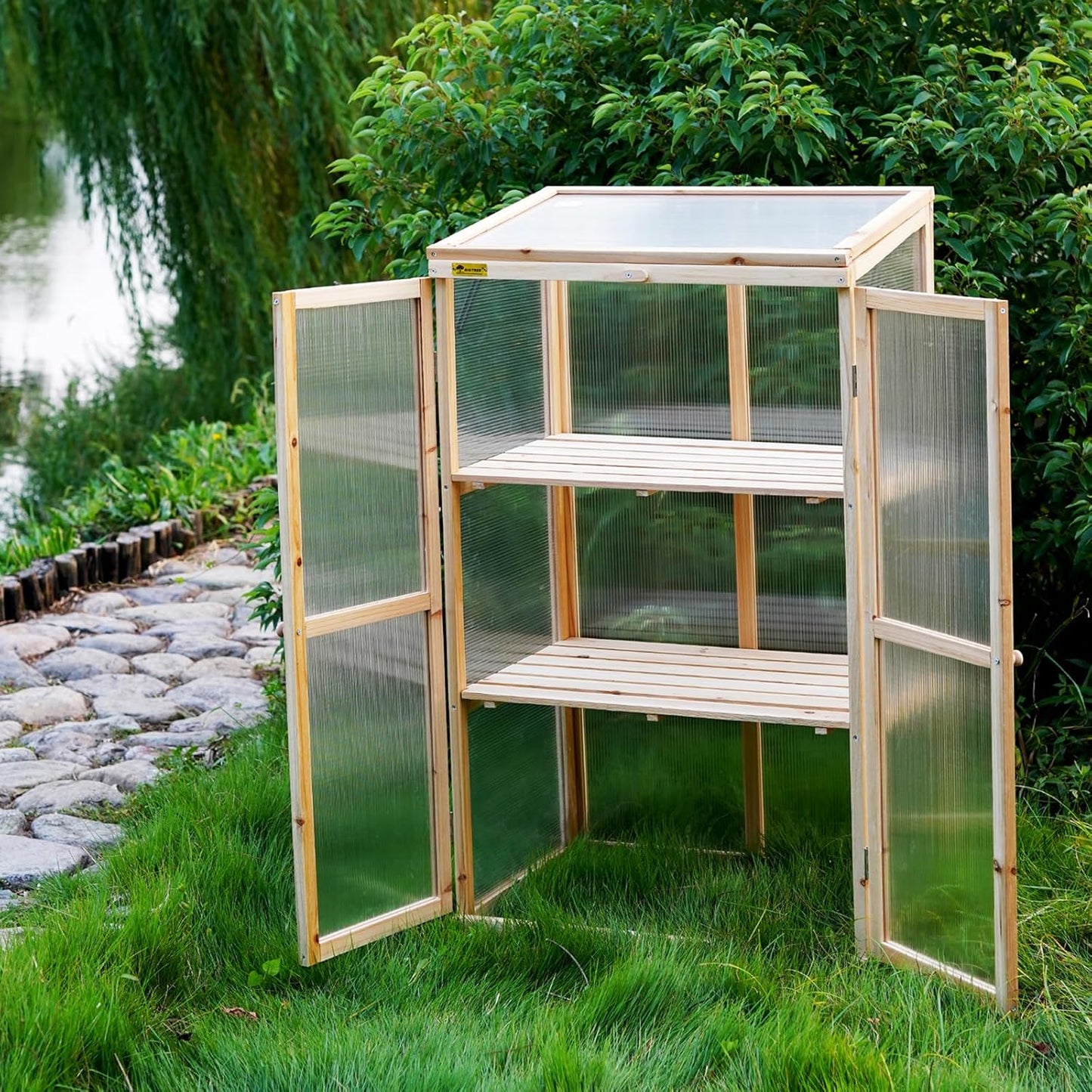 BIGTREE Wooden Green House Mini Greenhouse Indoor/Outdoor Nursery Vented Cold Frame Portable Garden Planter Raised Plants Top Opening Door (27"X19"X47")