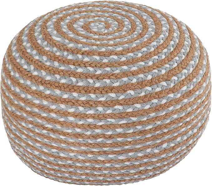 Dekorist Round Ottoman Pouf Footstool Jute Pouffe Stool Seat Cushion Boho Home Decor Extra Seating Pouffe for Living Room, Bedroom, Indoor, Artic Circle 22x22x12 inch, Natural-Cold Blue
