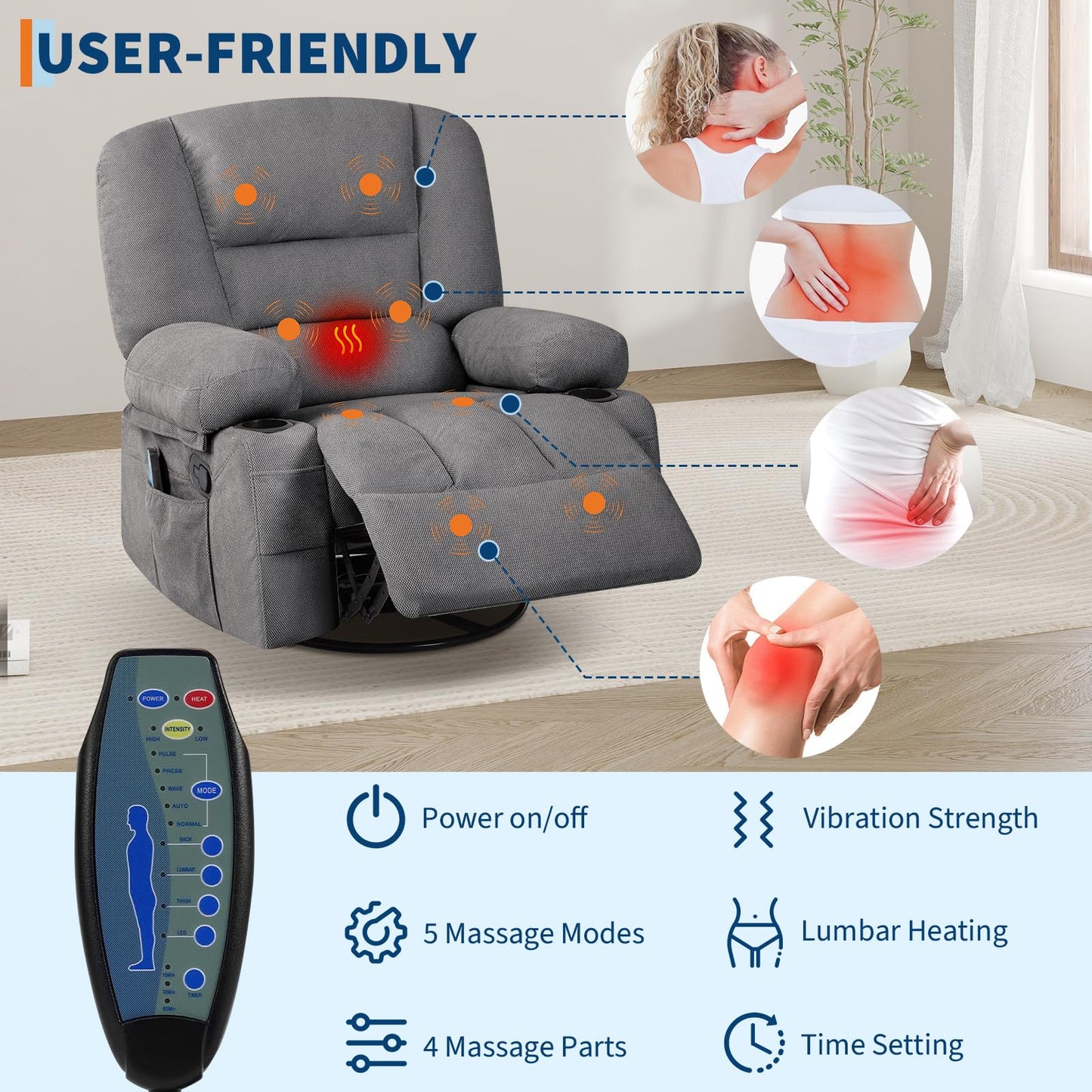 Oversized Wide Recliner Chair with Vibration Massage and Heat, 360° Swivel Recliner Glider for Adults,Chenille Fabric Manual Reclining Single Sofa with Cup Holders & Side Pockets for Living Room,Grey