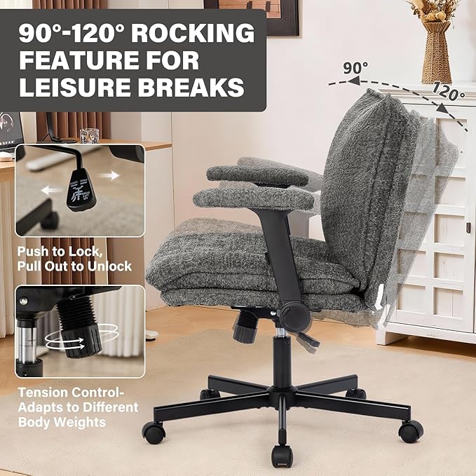 Kassipo Criss Cross Legged Office Chair with Wheels and Flip-Up Arms, Upholstered Criss Cross Desk Chair, Wide Seat Chairs for Home Office, Vanity, Apartment, Grey