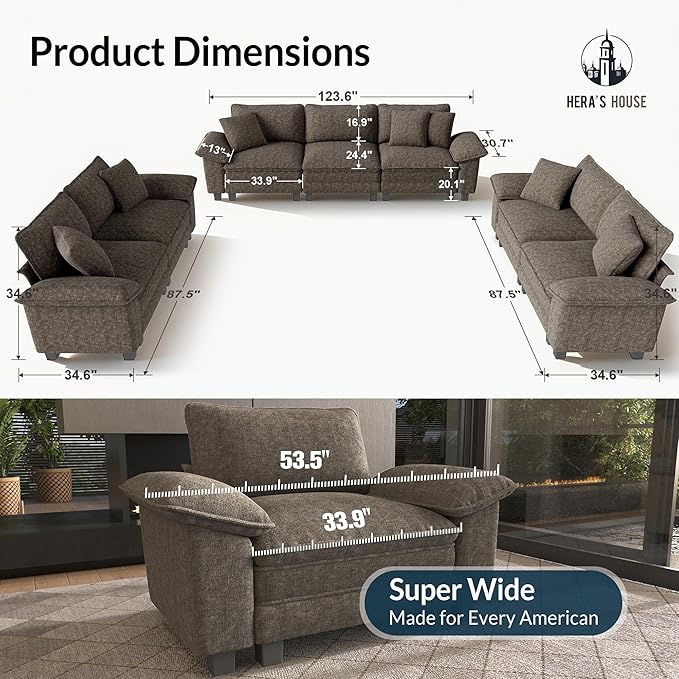 HERA'S HOUSE 3 Pieces Modular Sectional Sofa Sets, Oversized Couch Set with Loveseats, Comfy Cloud Couches with Throw Pillows, 7-Seater Deep Seat Sofa for Living Room, Chenille Ash