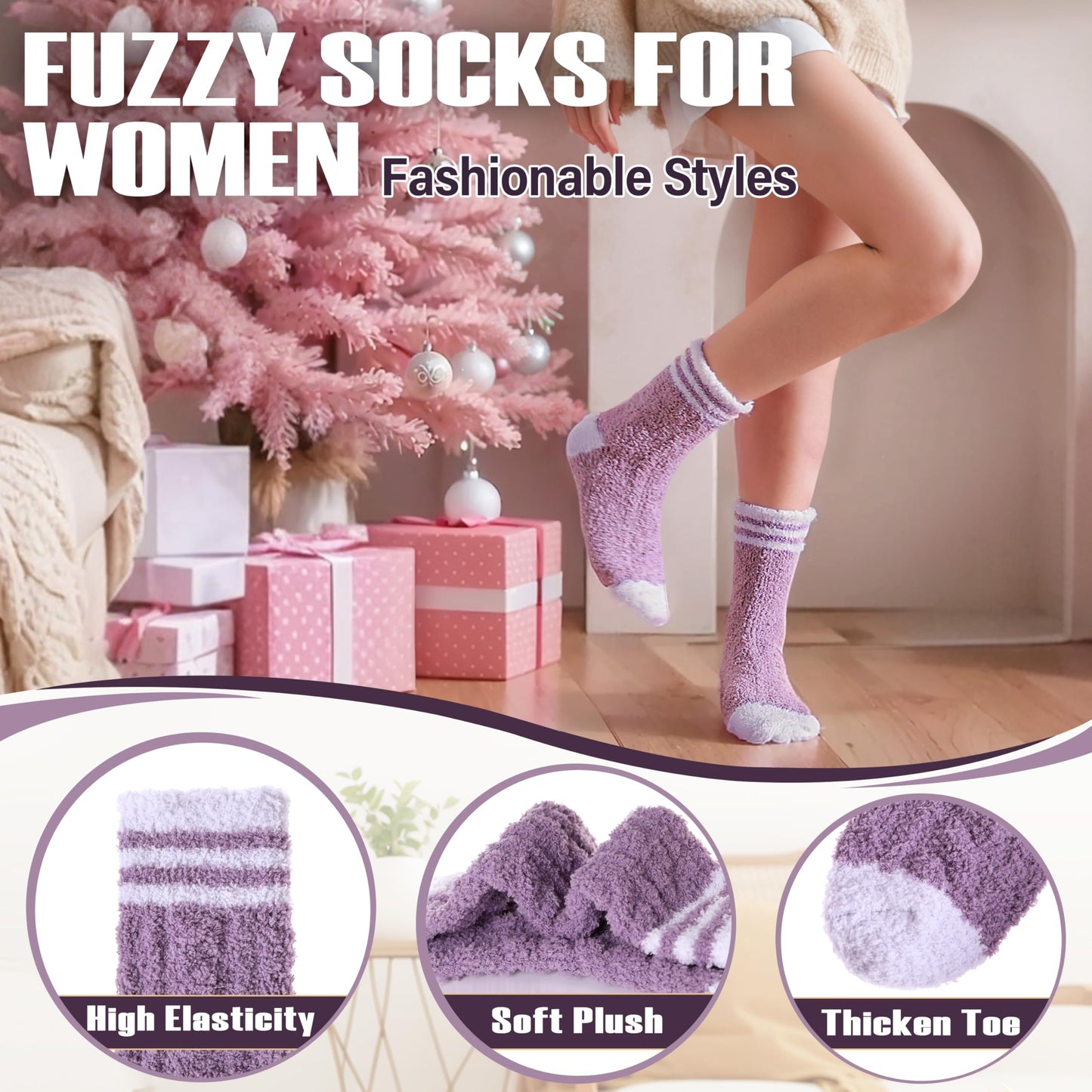 ANTSANG Fuzzy Socks for Women, Fluffy Warm Soft Slipper Socks for Winter & Home, Ideal for Teen Girls(Assorted Stripes)