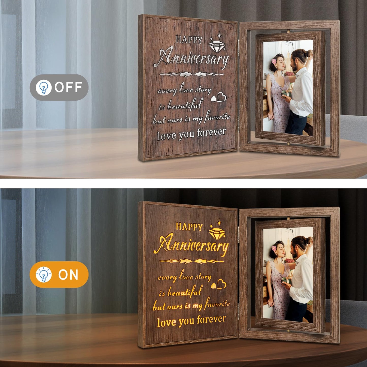 EYITUPC Light Up Anniversary Picture Frame Gifts for Women Men, Vintage Brown Rotating Wooden Glowing Photo Frame, Wedding Anniversary Frame Gifts for Her Him Wife Husband Couple - Holds 2 4x6 Photos