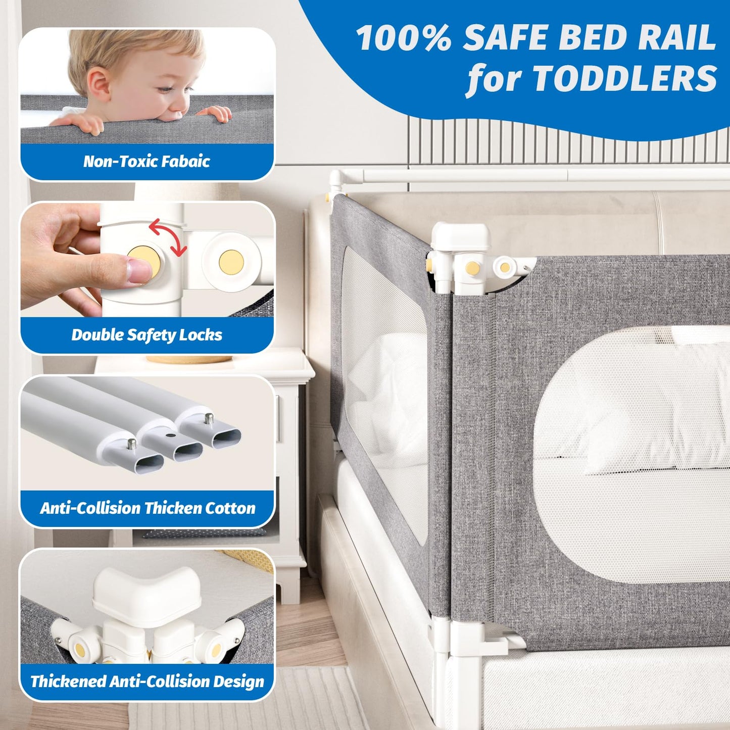 PNXDFC 3-Piece Queen Size Bed Rails for Toddlers, with Headboard Rod -Height Adjustable Baby' Safety Bed Rails Guard for Queen Size Bed(3Pack 78.7"x78.7"x59"-Gray)