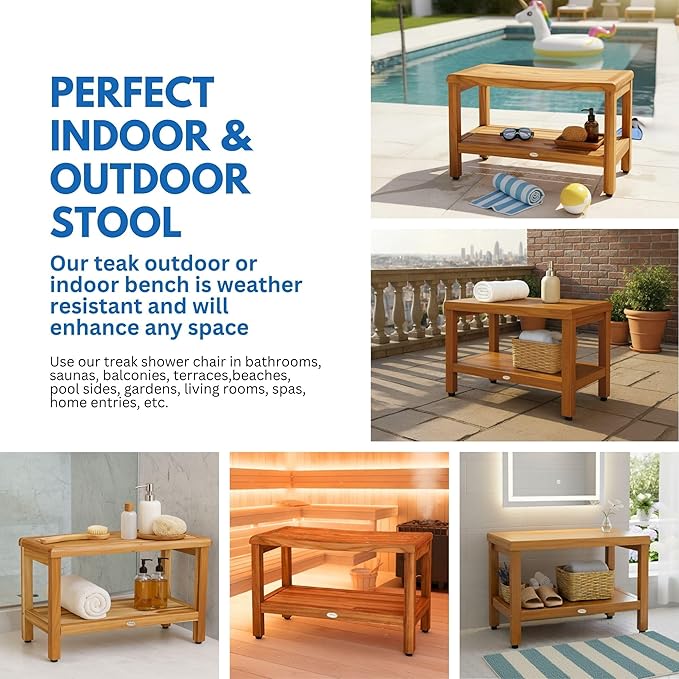EcoDecors Eleganto 30 Inch Natural Color Waterproof Teak Wood Shower Bench Stool Seat Chair For Inside Shower Provides Safety, Storage, and Organization For Bathroom Accessories