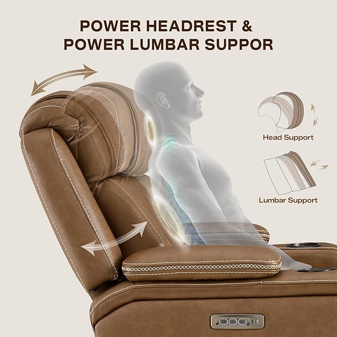 Watson & Whitely Genuine Leather Electric Recliner Chairs, Oversized Super Zero Gravity Recliner Triple-Motor W Adjustable Lumbar Headrest Support & Hidden Storage, Saddle Brown