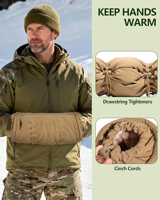 Hand Warmer Pouch with Silent Material, Drawstring Tighteners and Adjustable Strap, Hand Muff for Hunting, Golf, Football Winter Outdoor Activities