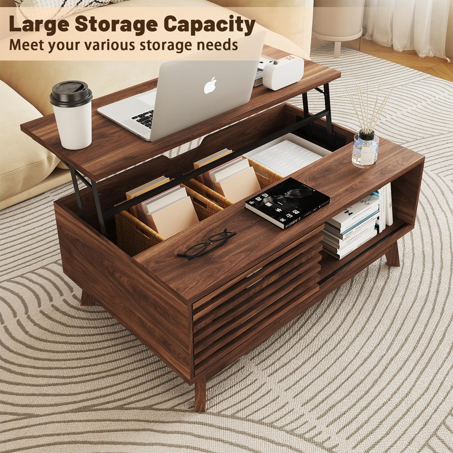 HAIOOU Lift Top Coffee Table, Mid Century Modern Coffee Table with Storage for Living Room, Walnut Coffee Tables with Sliding Fence Door, 35.4'' Rectangular Fluted Center Table (Brown)