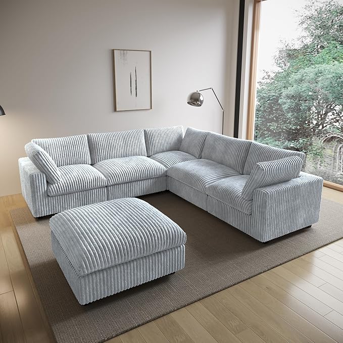 Modular Sectional Sofa/ 118inch Cloud Couches with Ottoman for Living Room/Soft Faux Rabbit Fur V Shaped Couch with Chaise,6 Seater Wide Convertible Sofa,Covers Washable&Replaceable,Grey