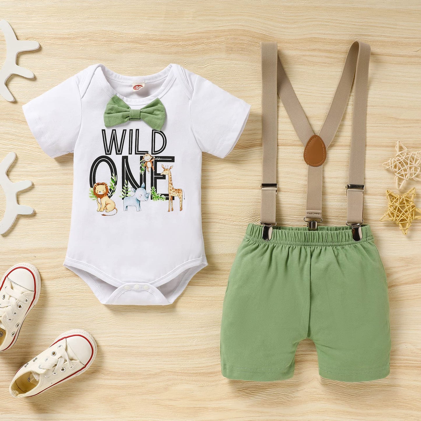GRNSHTS Baby Boys 1st Birthday Cake Smash Outfit Wild One Bowtie Romper+Bloomers+Suspenders Photo Shoot Clothes Set (Light Green,12-18 Months)