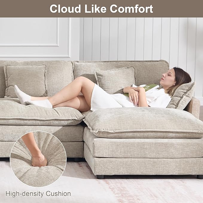 KIVENJAJA 111.5”W Chenille L-Shaped Modular Sectional Sofa, Modern 3-Seater Comfy Deep Seat Cloud Couch with Ottoman/Chaise & 5 Pillows for Living Room Office Apartment, Light Camel