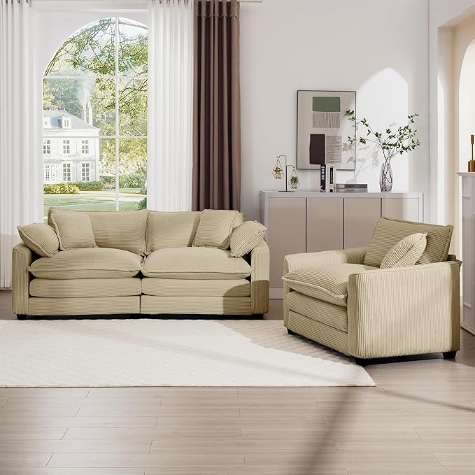 mikibama Luxury 2 Piece Sofa Set, Loveseat Couch & Sofa Armchair Set, Modern Corduroy Comfy Cloud Couches Set for Living Room Office with 2 Armrest Pillows and 3 Toss Pillows, Camel
