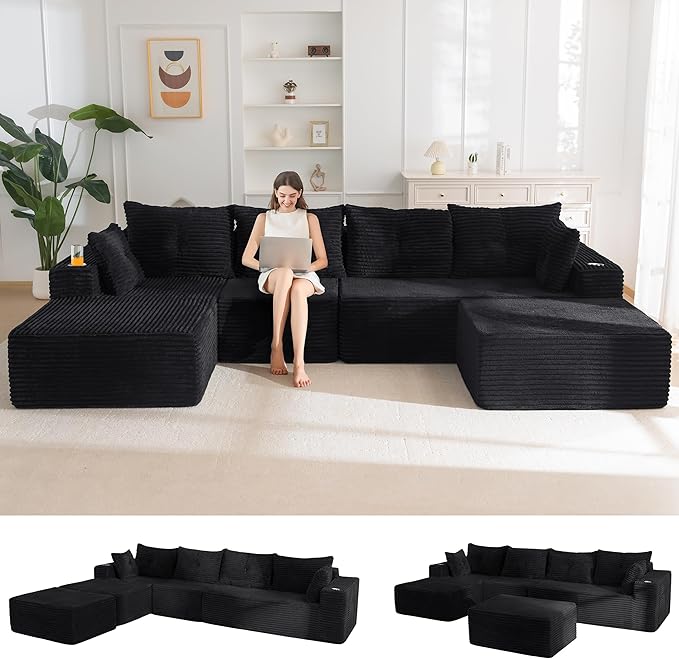 MAXYOYO 132" Giant U-Shaped Modular Sectional Couch, Modern Boneless Couch for Living Room, Sofa in A Box, Oversized Sofa Sleeper with Deep Seat, No Assembly Required, Black