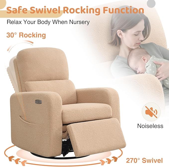 AEMEIOS Power Swivel Rocker Recliner, Oversized Boucle Electric Recliner Chair, Swivel Glider Nursery Reclienr with Removable Cushion, Upholstered Recling Chair for Living Room Bedroom, Teddy Camel
