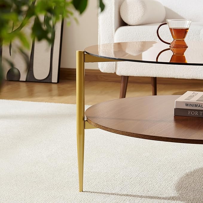 Pine Flicker Round Coffee Table, Mid-Century Modern Design, D30*H17 inch, for Living Room, 2-Tier Structure, Amber Glass Top and Walnut Wood Shelf, Sleek Conical Metal Legs with Gold Finish