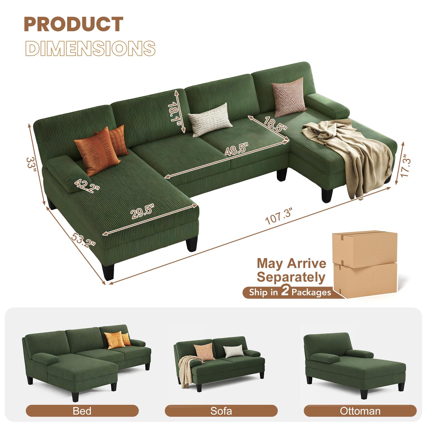 WAYTRIM Sectional Couches for Living Room 108" U-Shaped Modular Sofa Convertible Couch with Double Chaise,Removable Pillows Upholstered 4-Seat Couch for Apartment (Green)