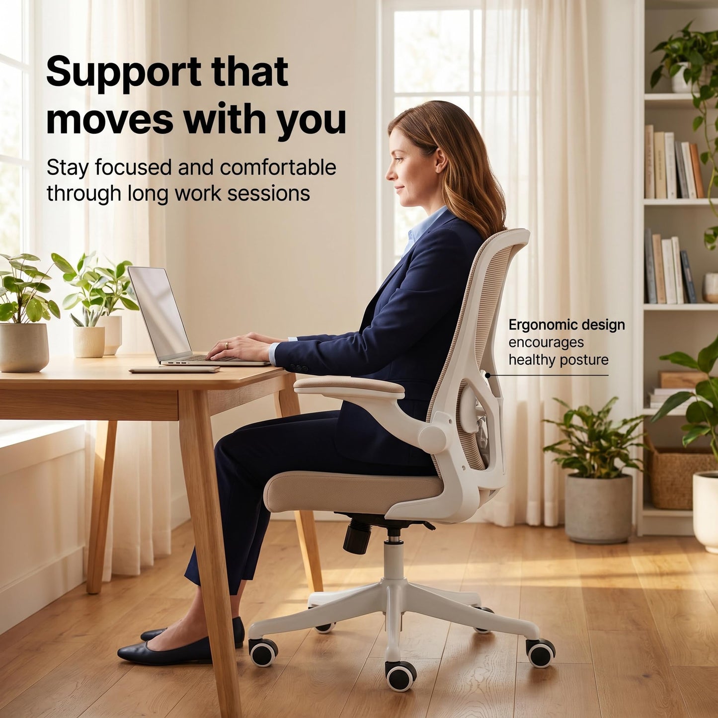 Ergonomic Office Chair with Adjustable Lumbar Support & Flip-Up Armrests - High Back Computer Desk Chair with Thickened Seat Cushion, Rolling Wheels for Home/Office Study Work