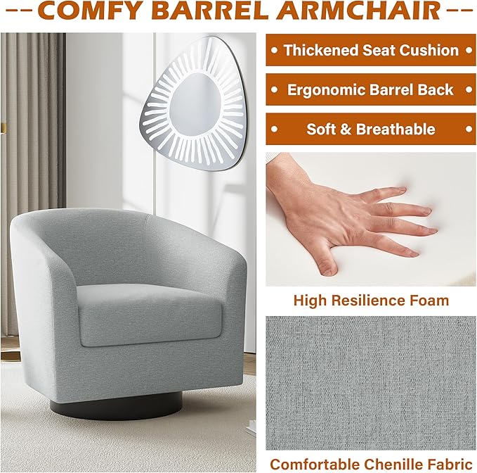UIXE Swivel Accent Chair, Chenille Barrel Chairs Upholstered Armchair for Living Room, Modern Round Arm Chair Small Single Sofa Bedroom Reading Seat - Light Gray
